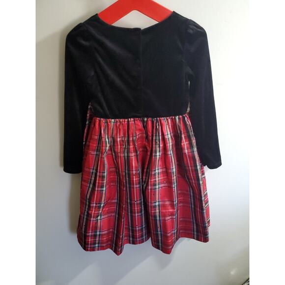 Dollie & Me Girl's Black Velvet Red Plaid Gold Bow Size 10 Tie Back Belt Buttons - Picture 6 of 15